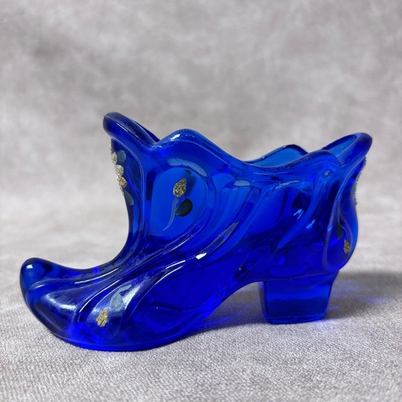 Vintage Fenton Cobalt Blue Hand Painted Signed  Glass Shoe - Picture 1 of 6